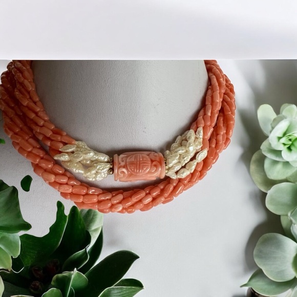 129g VTG Chinese Carved Angel Skin Coral Shou Bead Twist Multistrand Necklace